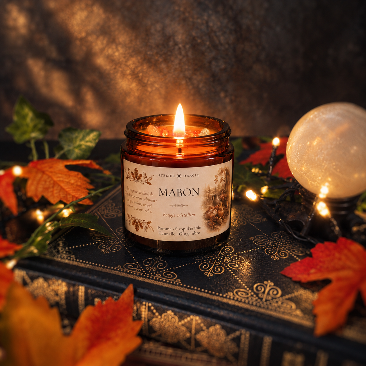 Bougie Mabon - Cidre, sirop d’érable, cannelle & gingembre · Aventurine verte