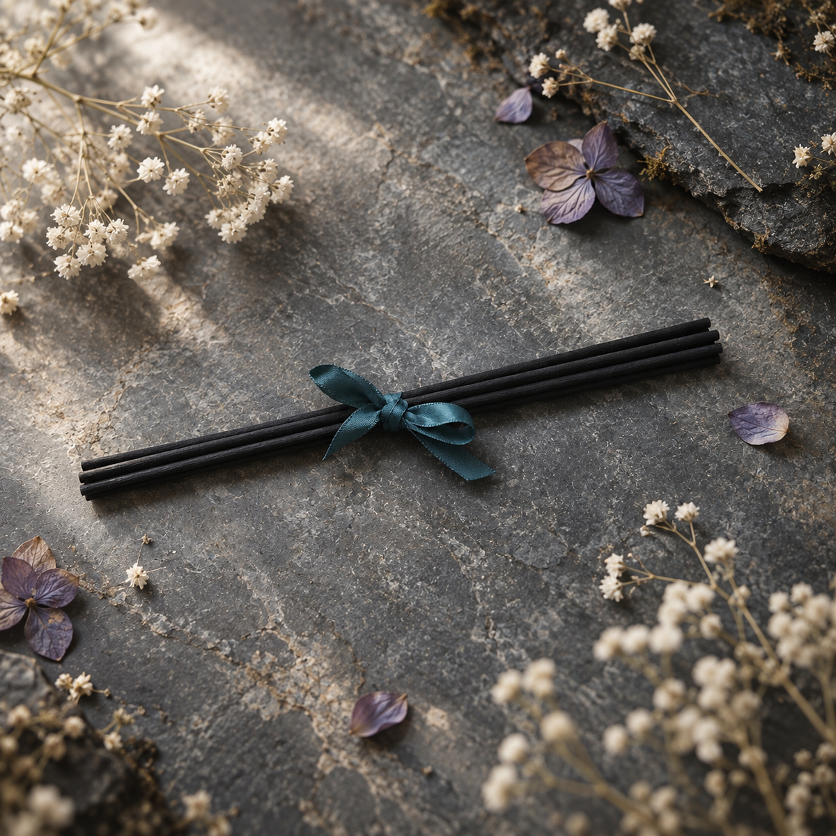 Tiges noires fournies avec le diffuseur La Clairière d’Atelier Oracle.