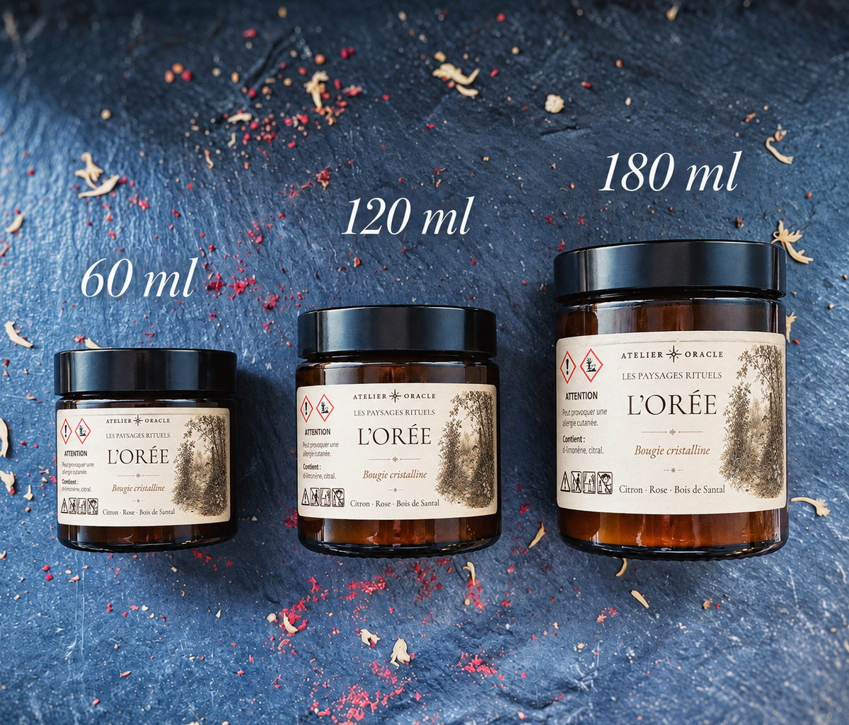 Comparatif des formats de bougies Atelier Oracle : 60 ml, 120 ml et 180 ml