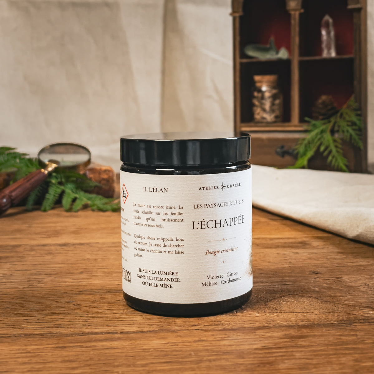 Bougie L'Échappée 150 g, vue de dos – Atelier Oracle