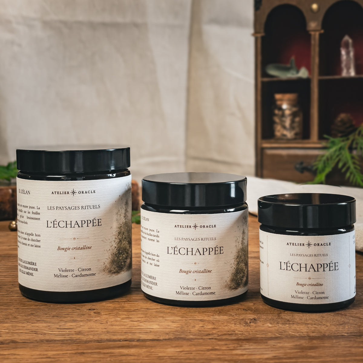 Les trois formats de bougie L'Échappée – Atelier Oracle