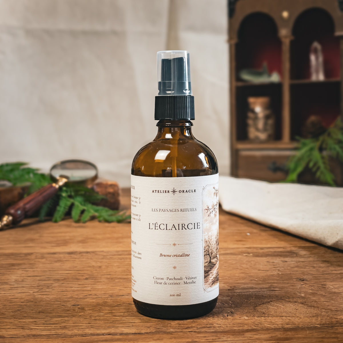 Brume L’Éclaircie - Citron, patchouli, vétiver, fleur de cerisier & menthe verte · Aventurine verte