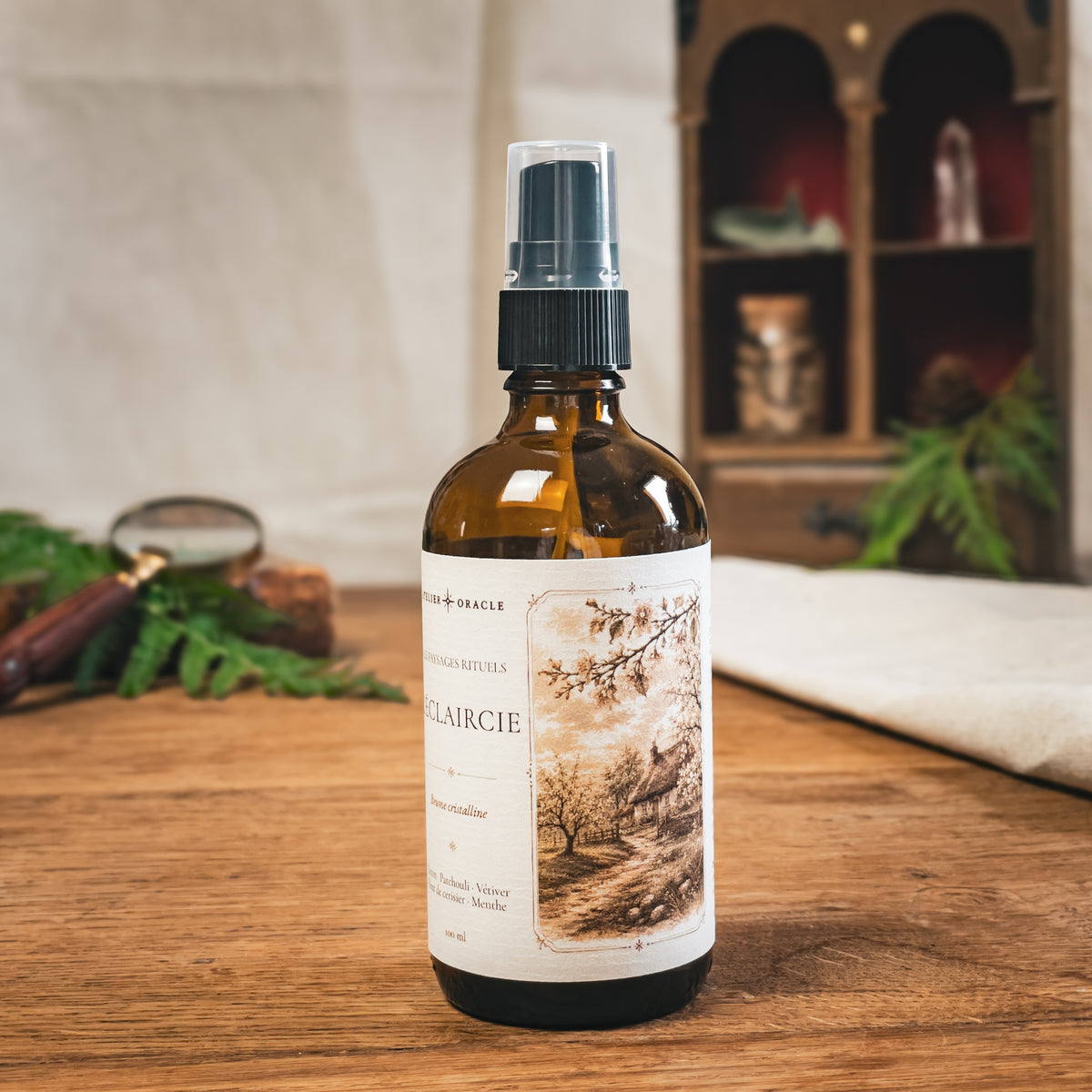 Brume L’Éclaircie - Citron, patchouli, vétiver, fleur de cerisier & menthe verte · Aventurine verte