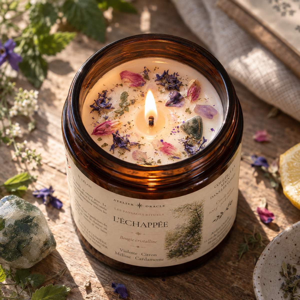 Bougie L’Échappée - Violette des bois, mélisse, citron & cardamome · Agate mousse