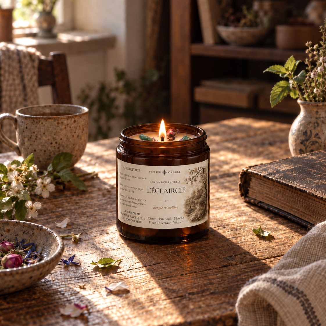 Bougie L’Éclaircie - Citron, patchouli, vétiver, fleur de cerisier & menthe verte · Aventurine verte