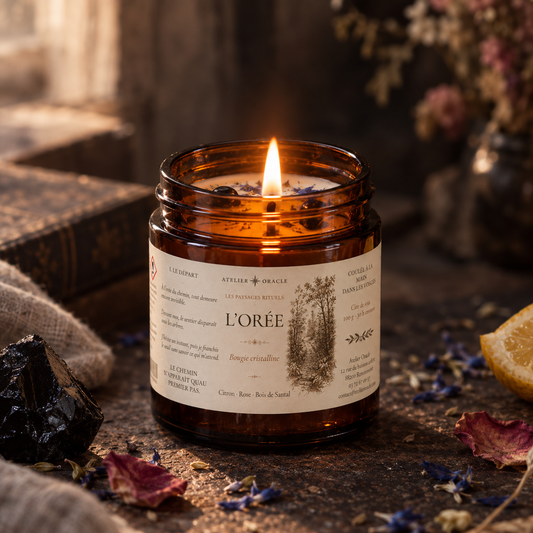 Bougie L’Orée - Citron, bois de santal & rose · Obsidienne noire