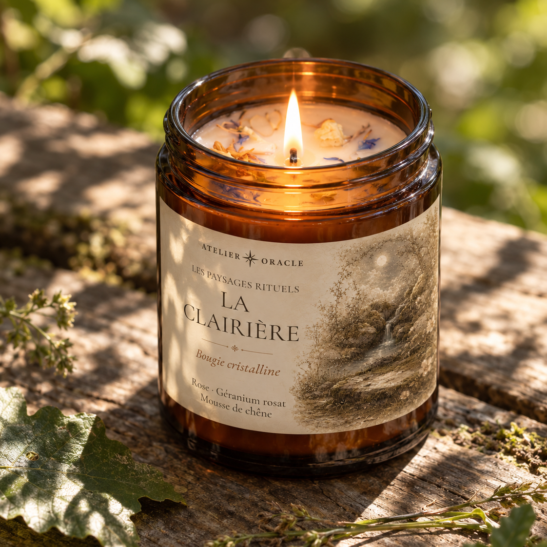Bougie La Clairière - Rose, géranium rosat & mousse de chêne · Pierre de lune