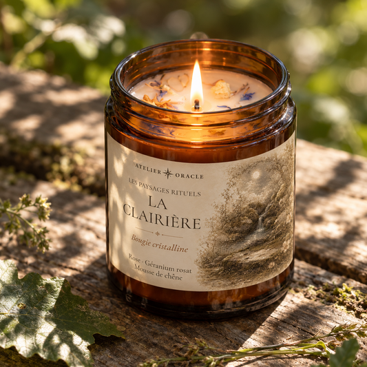 Bougie La Clairière - Rose, géranium rosat & mousse de chêne · Pierre de lune