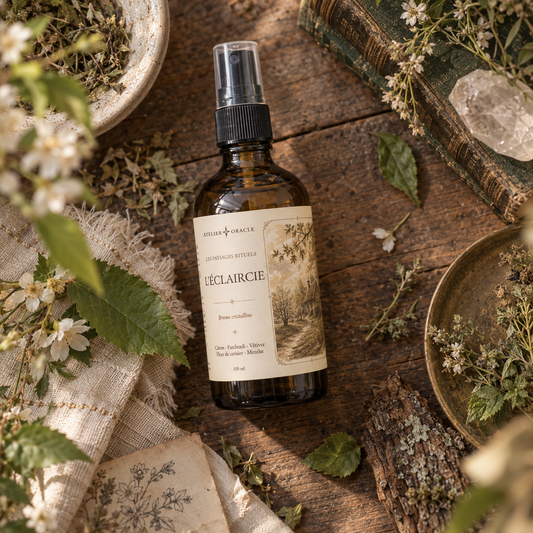 Brume L’Éclaircie - Citron, patchouli, vétiver, fleur de cerisier & menthe verte · Aventurine verte