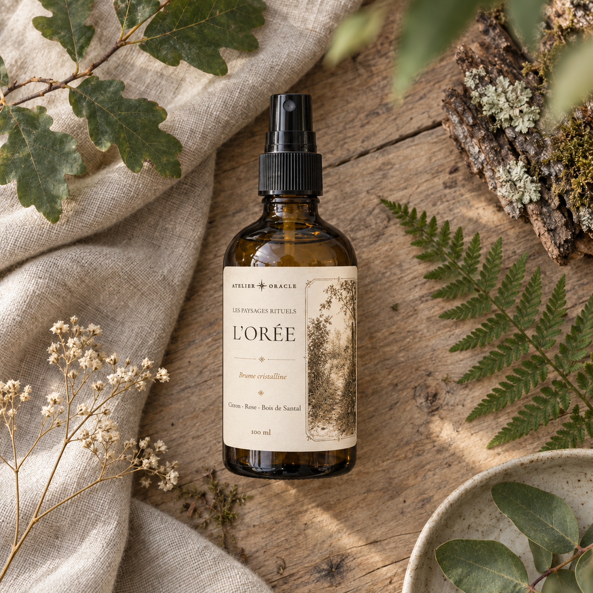Brume L’Orée - Citron, bois de santal & rose · Obsidienne noire