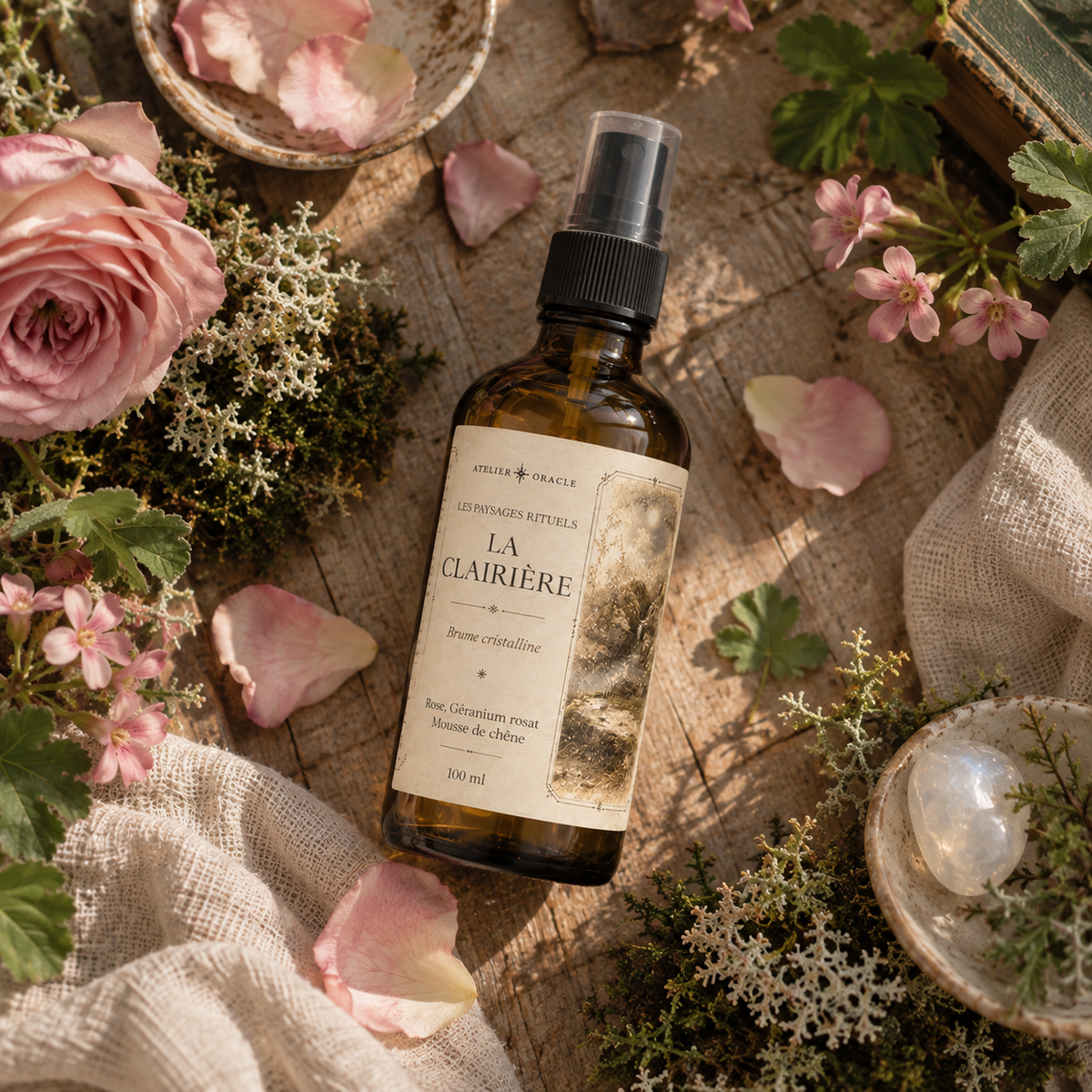 Brume La Clairière - Rose, géranium rosat & mousse de chêne · Pierre de lune