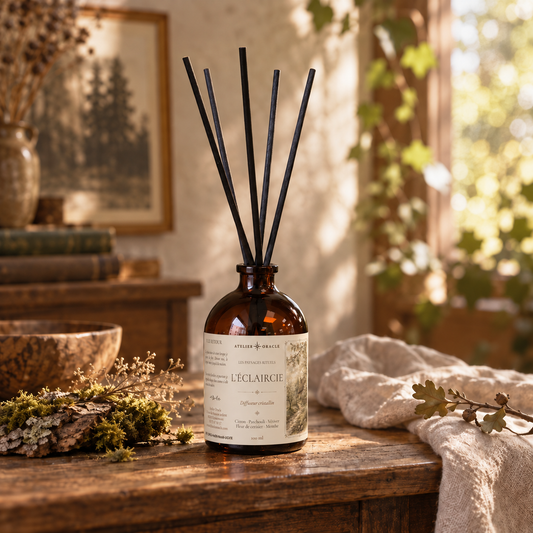 Diffuseur L’Éclaircie - Citron, patchouli, vétiver, fleur de cerisier & menthe verte · Aventurine verte