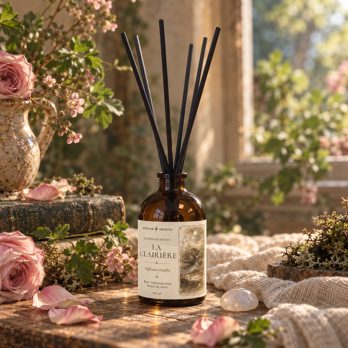 Diffuseur La Clairière - Rose, géranium rosat & mousse de chêne · Pierre de lune