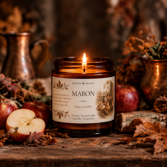 Bougie Mabon - Cidre, sirop d’érable, cannelle & gingembre · Aventurine verte
