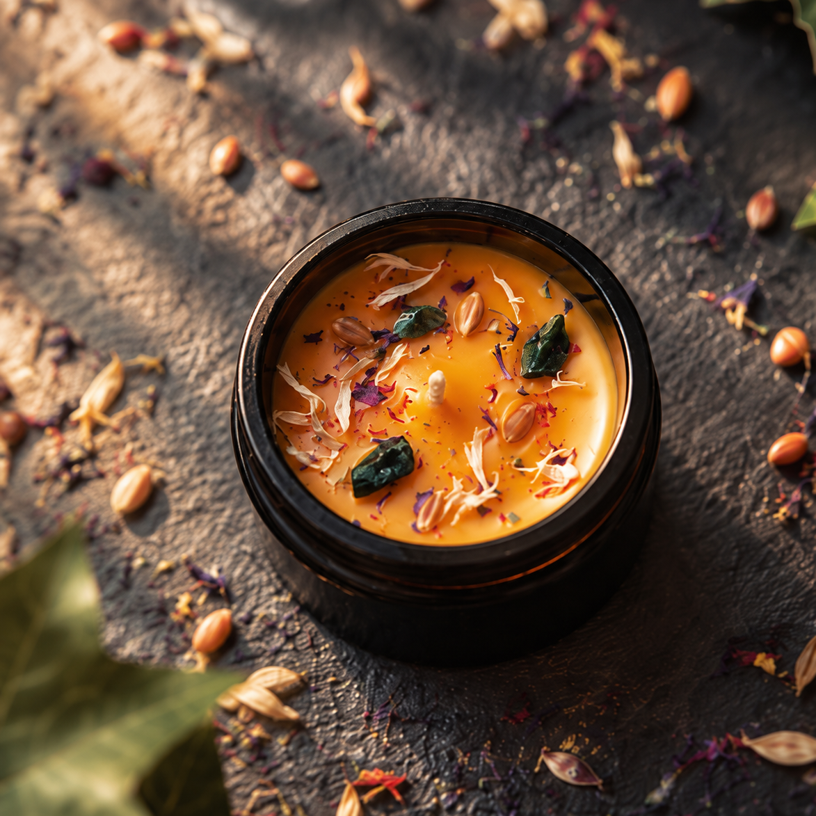Bougie Mabon - Cidre, sirop d’érable, cannelle & gingembre · Aventurine verte